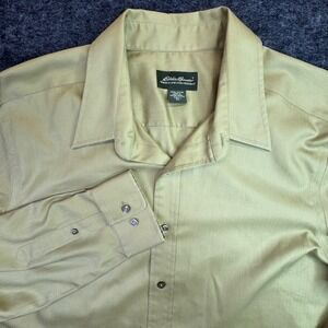 Eddie Bauer Button Down Shirt Mens XL Tall Green Herringbone Wrinkle Resistant